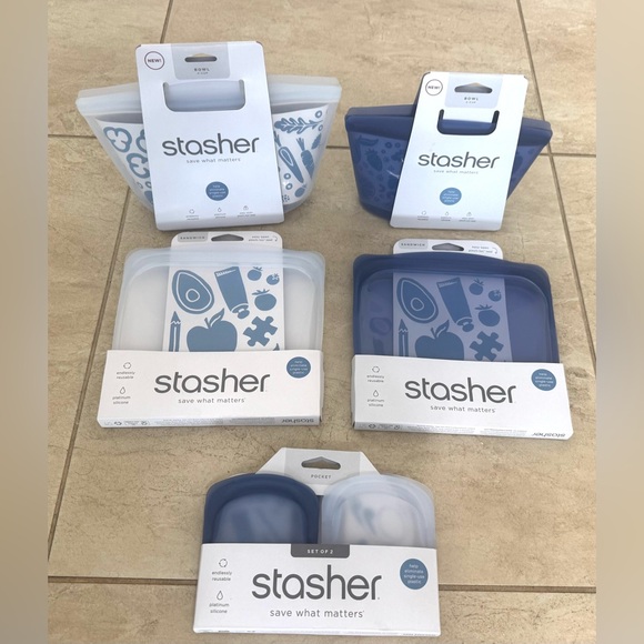 Stasher™ 4 Cup Bowl, 2 Cup Bowl, 2 Sandwich and 2 Pocket Size. - Picture 1 of 7